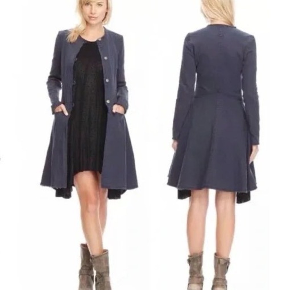 Free People Duster Fit & Flare Jacket Women XS Navy Frayed Boho Coat Shabby Chic